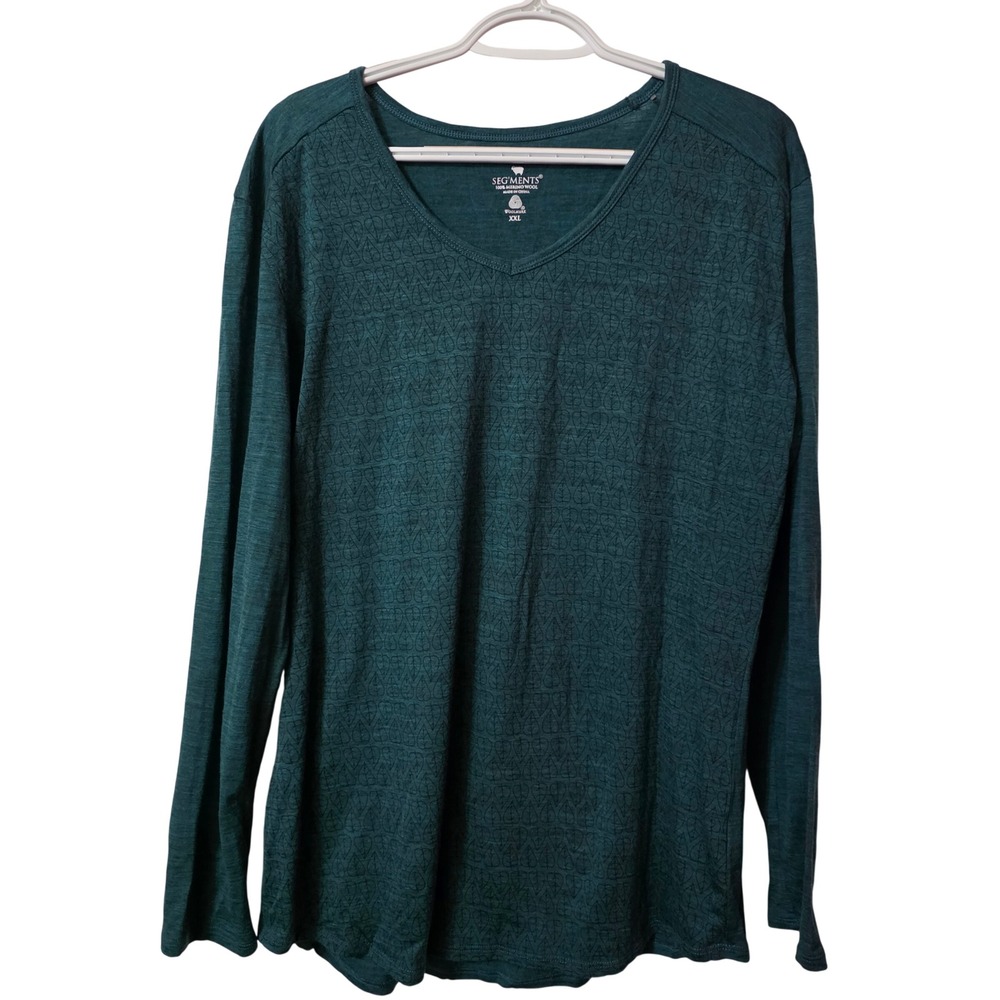 Segments XXL 100% Merino Wool V-Neck Long Sleeve Leaf Print Top Teal Green